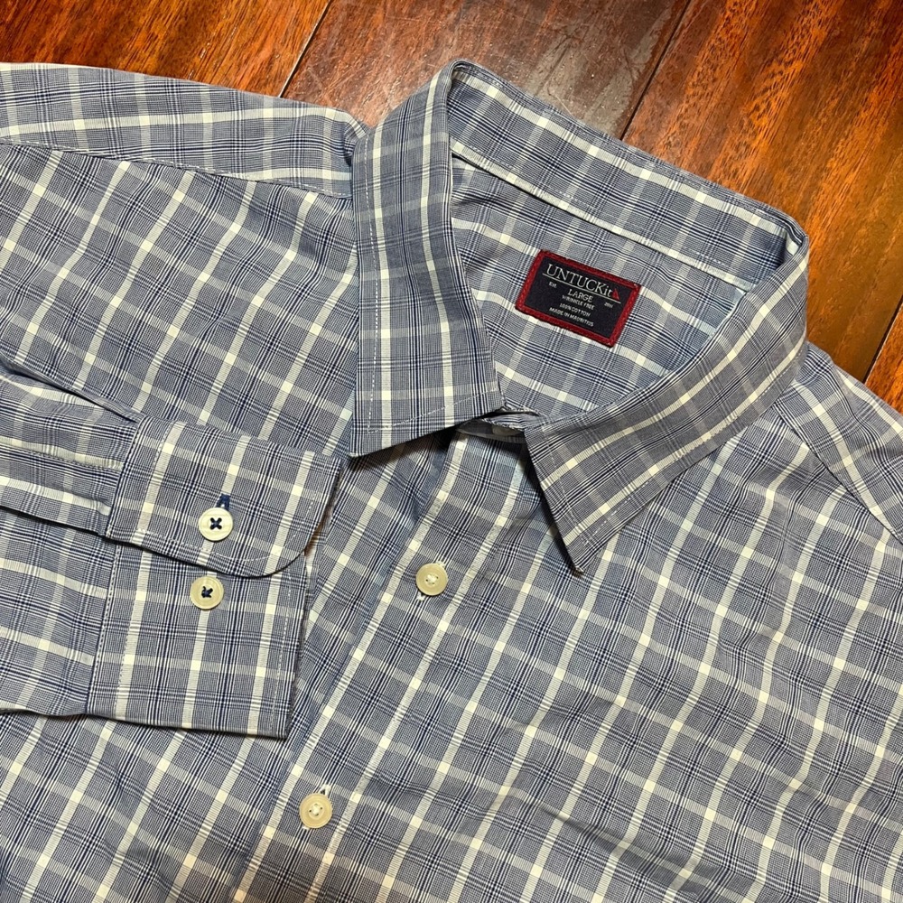 UNTUCKit Shirt Mens Large Regular Fit Blue Plaid Wrinkle Free Yanberg WF 40231